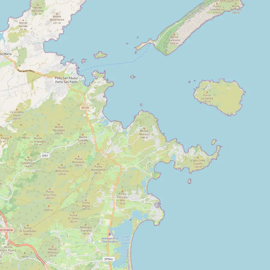 Map of the beaches between Capo Ceraso and La Cinta, facing Tavolara and Molara