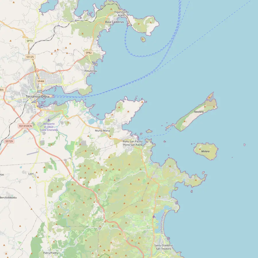 Map of the coast of north-east Sardinia from Olbia and Golfo Aranci to San Teodoro, with Tavolara and Molara offshore